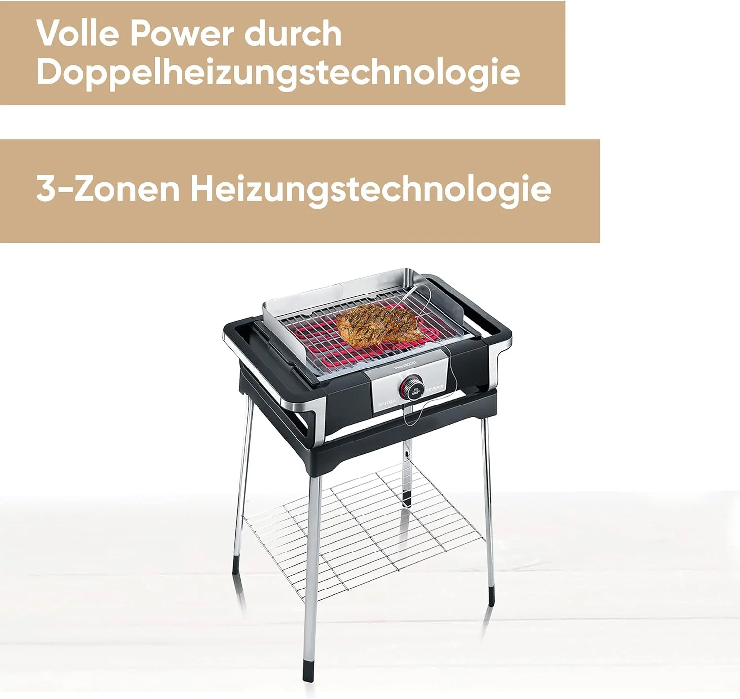 SEVERIN SENOA DigitalBOOST S elektrische barbecue met onderstel, staande barbecue met snelle start tot 500 ��C, balkonbarbecue met SafeTouch-oppervlak, RVS/zwart, PG 8118