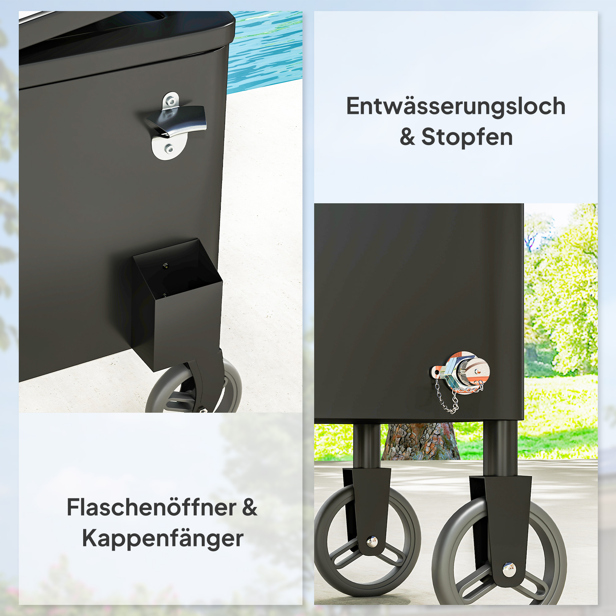 76L Koelwagen Serveerwagen met Wielen, Flessenopener, Deksel, Grepen, Verrijdbare Koelbox Zwart