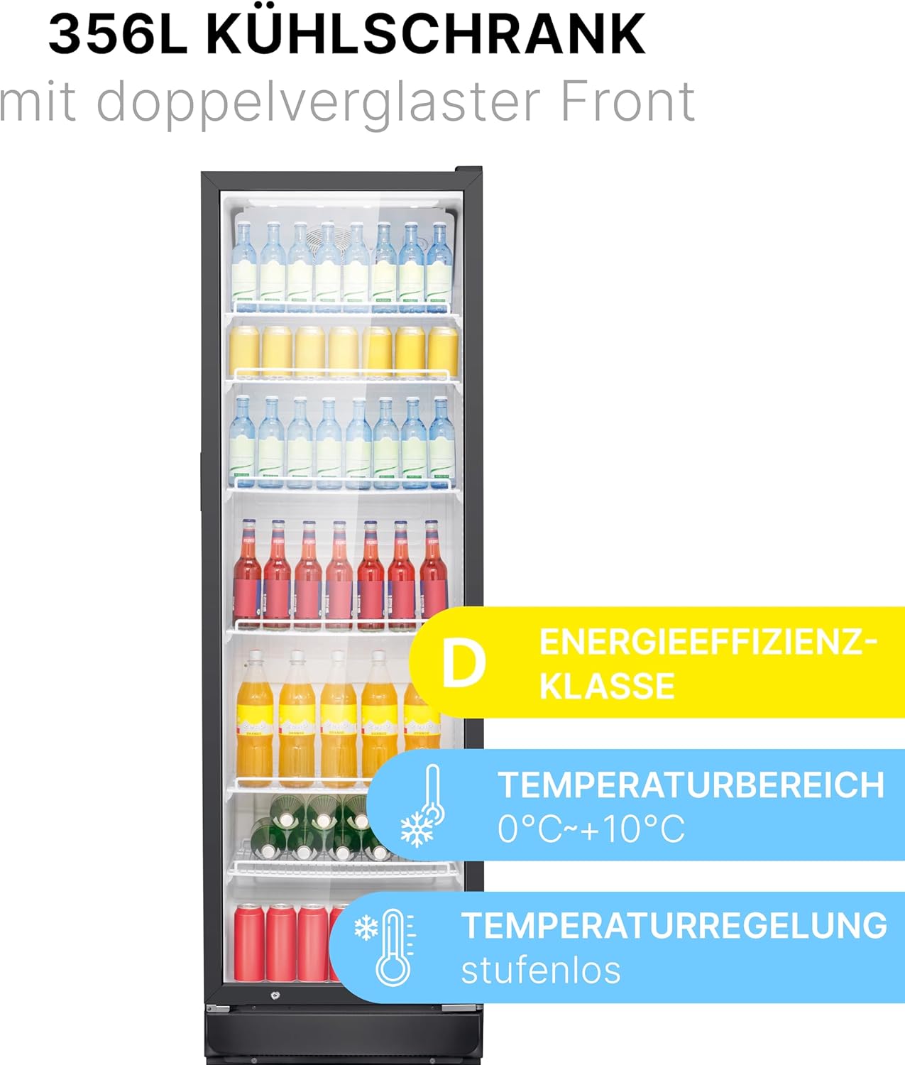 Bomann Kühlschrank mit Glastür Getränkekühlschrank abschließbar 6 höhenverstellbare Ablagen 30kg je Ablage 347 Liter Kühlschrank groß Flaschenkühlschrank m. LED-Licht KSG 7351 schwarz