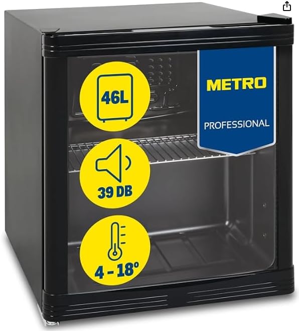 METRO Professional Minibar vitré/Réfrigérateur GPC1046, verre/acier inoxydable, 43 x 48 x 51.5 cm, 46 L, froid ventilé, noir