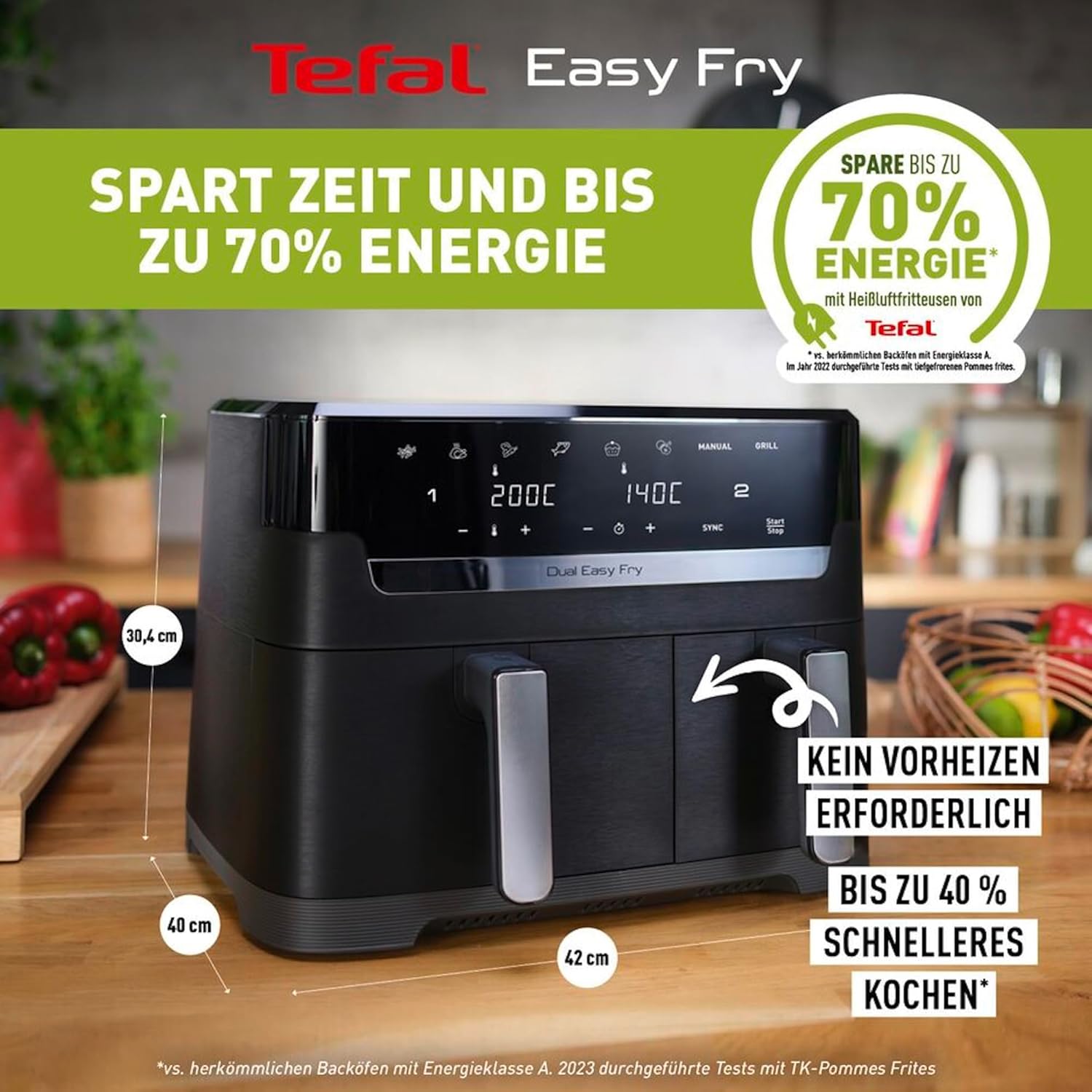 Tefal Dual Easy Fry Heißluftfritteuse Doppelkammer, 5,2/3,1 L Fassungsvermögen, zwei unabhängige Schubladen, 7 automatische Programme, energiesparend, schwarz, EY9018