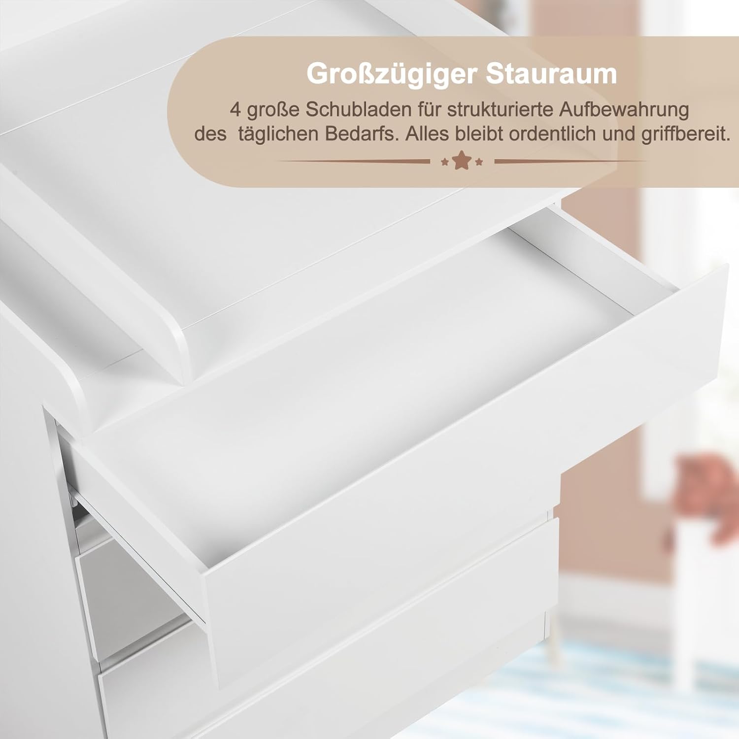 WOLTU Wickelkommode mit abnehmbarer Wickelaufsatz, Wickeltisch Baby, Wickelregal, Kommode mit 4 Schubladen, Höhe 110 cm, Weiß + Hochglanz Weiß