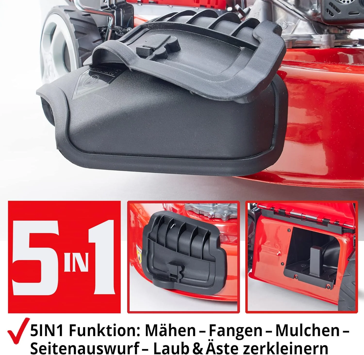 HECHT 5IN1 Benzine grasmaaier �C Comfortabele zelftrekker �C Voor oppervlakken tot 1000 m2 �C Krachtige 4-taktmotor met 46 cm maaibreedte �C Aandrijving op de wielen �C Mulchfunctie �C Zijuitworp �C Benzine grasmaaier