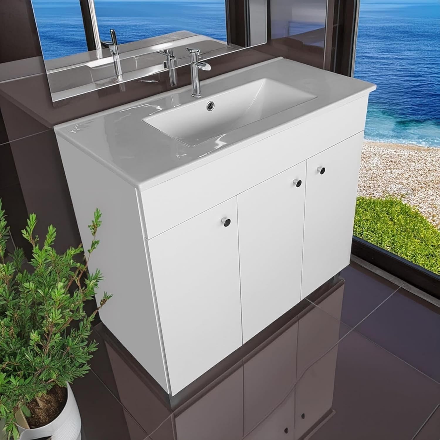 Waschbecken mit Unterschrank 80 cm Breit | Badezimmerschrank IGA Sink | Badmöbel Set für Badezimmer & Gäste-WC | Waschtisch mit Unterschrank Stehend | Waschbeckenunterschrank Weiß