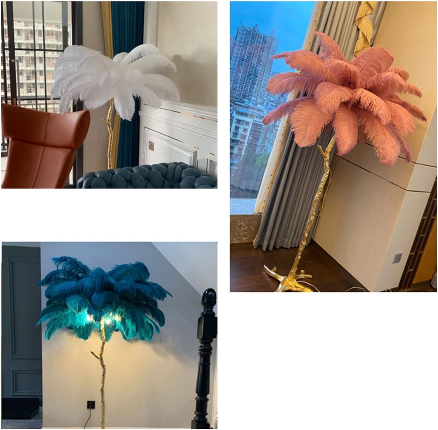 Nordic Stehlampe mit Straußenfedern, Soft-Touch-LED-Beleuchtung für Wohnzimmer & Schlafzimmer, Dekor, stilvoller Kupfer- und Harzständer, elegante Nachttisch- und Stehtischleuchte (H120 Lila)
