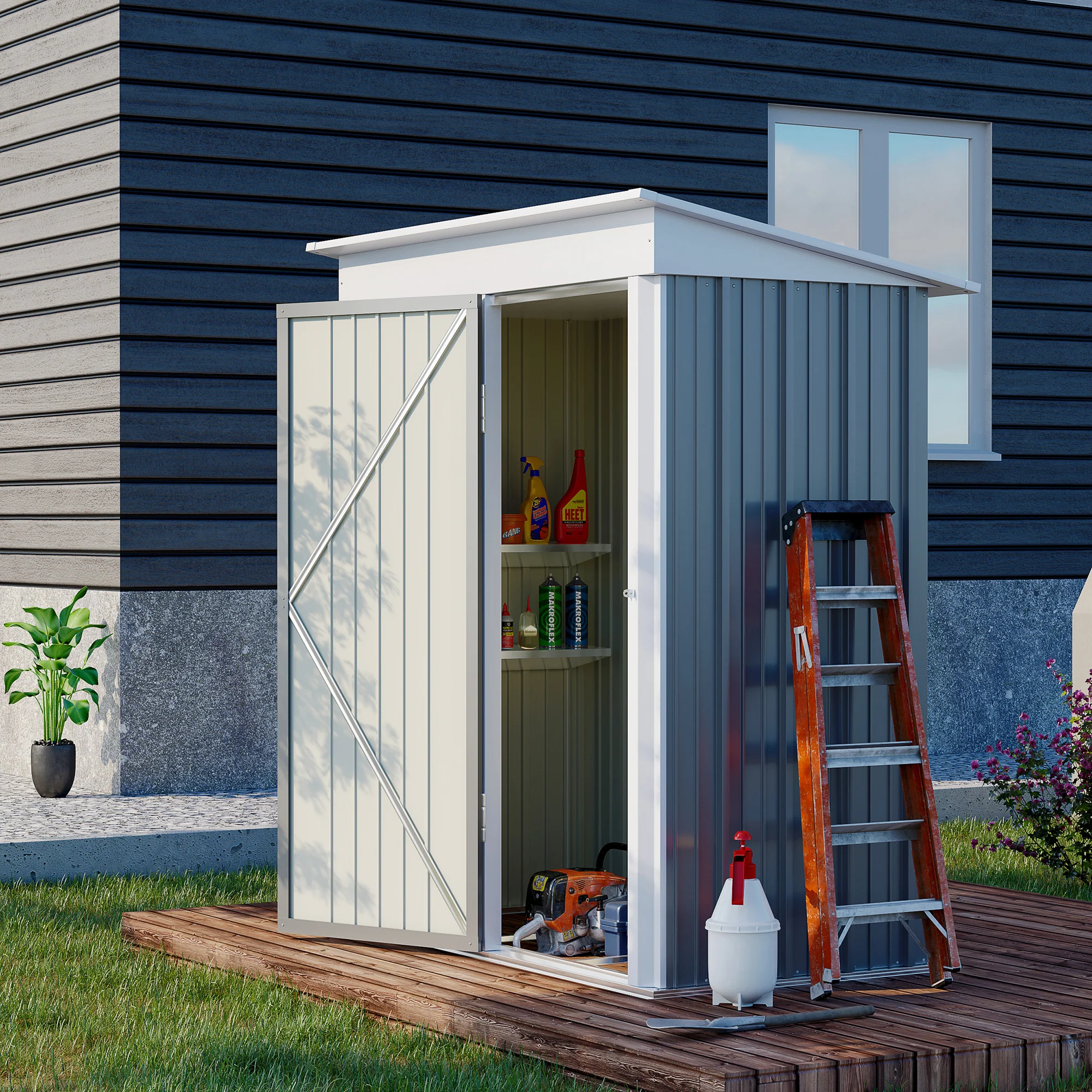 2025 Outsunny Stalen Tuinhuis, Klein Lean-to Fiets- en Tuingereedschap Schuurtje, 5x3 ft, Grijs