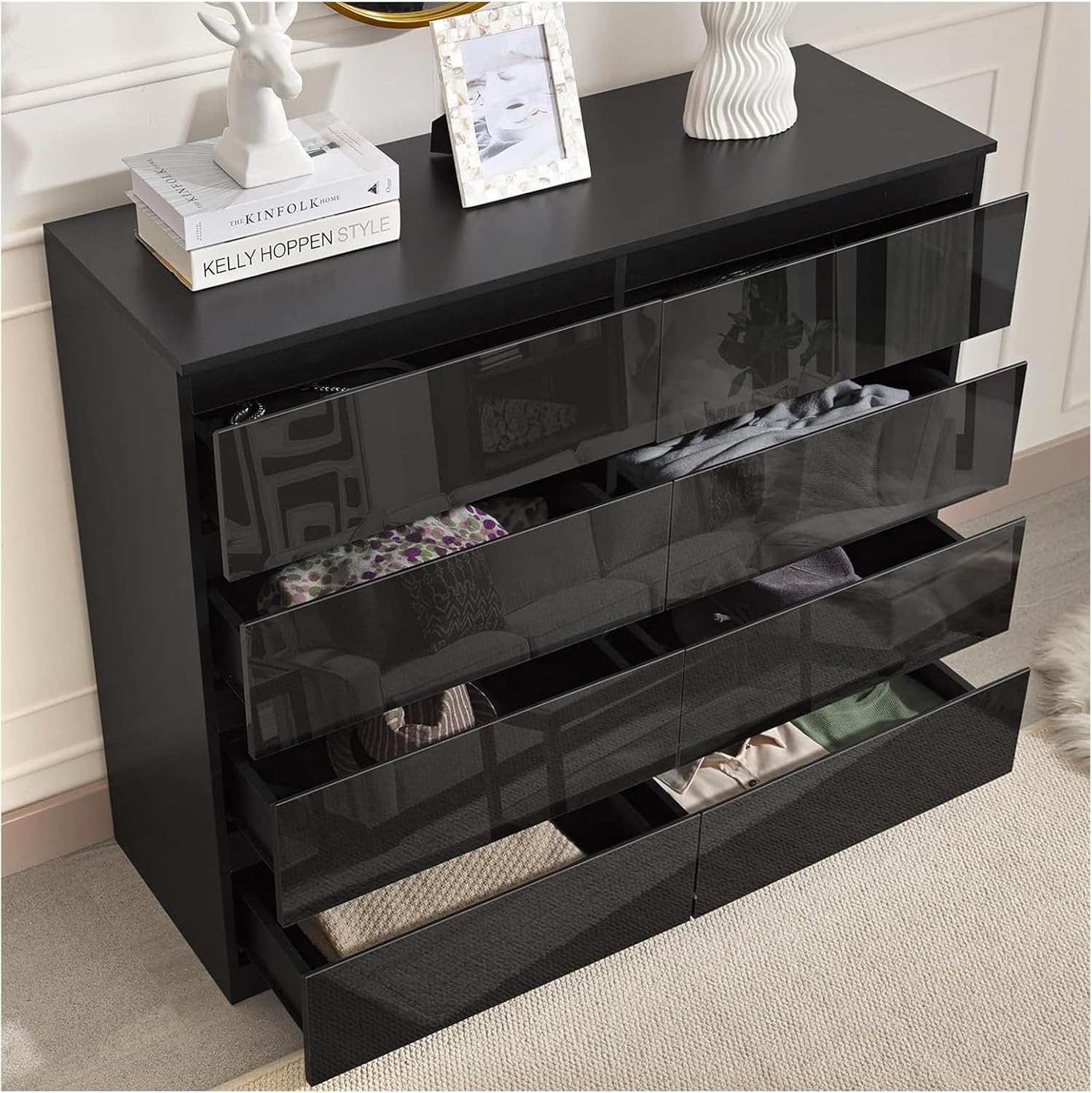 HTI living Sideboard Kenji 8 Schubladen Hochglanz Schwarz Kommode