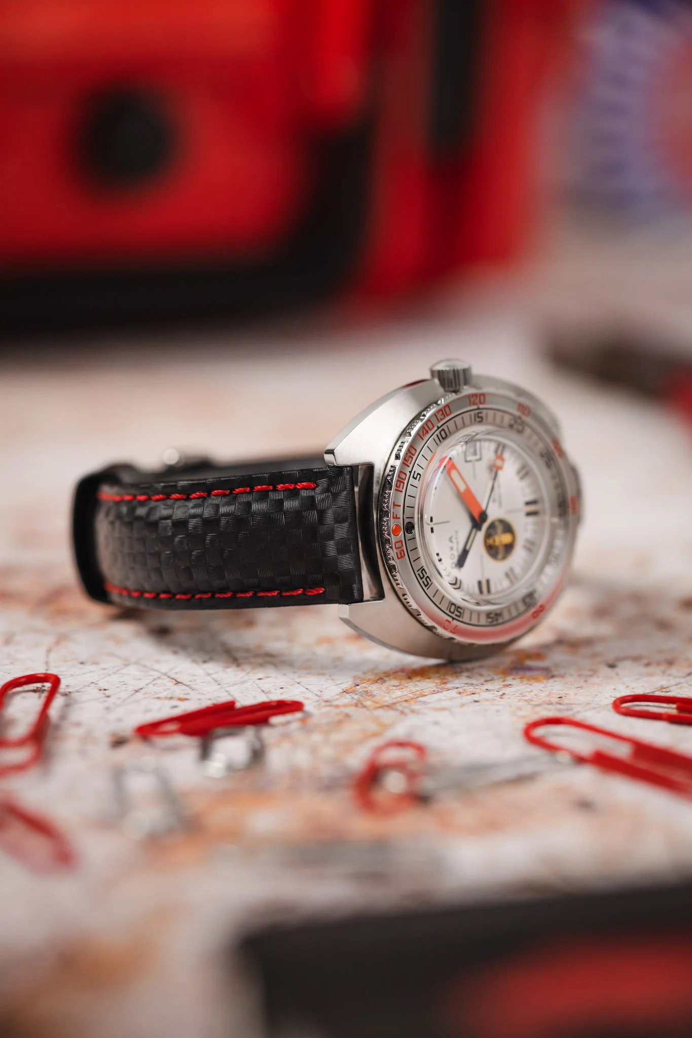 Hirsch CARBON Decorated Waterproof Leather Watch Strap in BLACK / RED