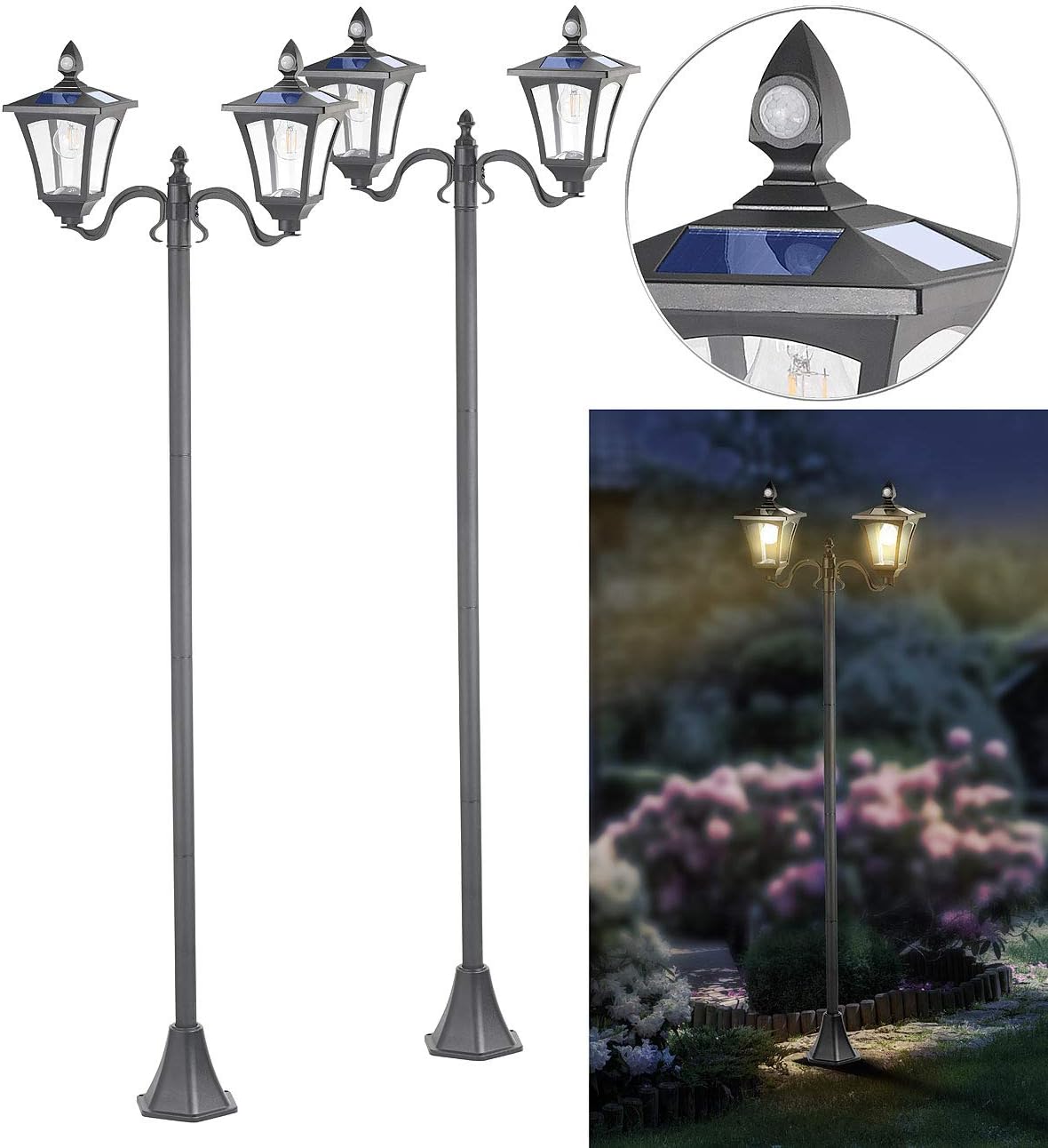 Royal Gardineer Laterne Solar: 2er-Set Solar-LED-Gartenlaternen, 2 flammig, PIR-Sensor, 600 Lumen (Gartenlaterne mit Bewegungsmelder, LED Laterne mit Bewegungsmelder, Parkplatz)