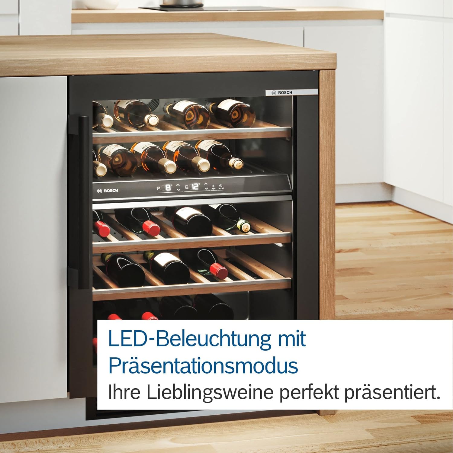 Bosch KWK36ABGA Serie 6 Weinkühlschrank, 186 x 60 cm, 199 Flaschen, Temperatur: 5-20 °C, zwei Temperaturzonen, 405 L, LED-Beleuchtung gleichmäßige Ausleuchtung, ausschaltbares Präsenterlicht