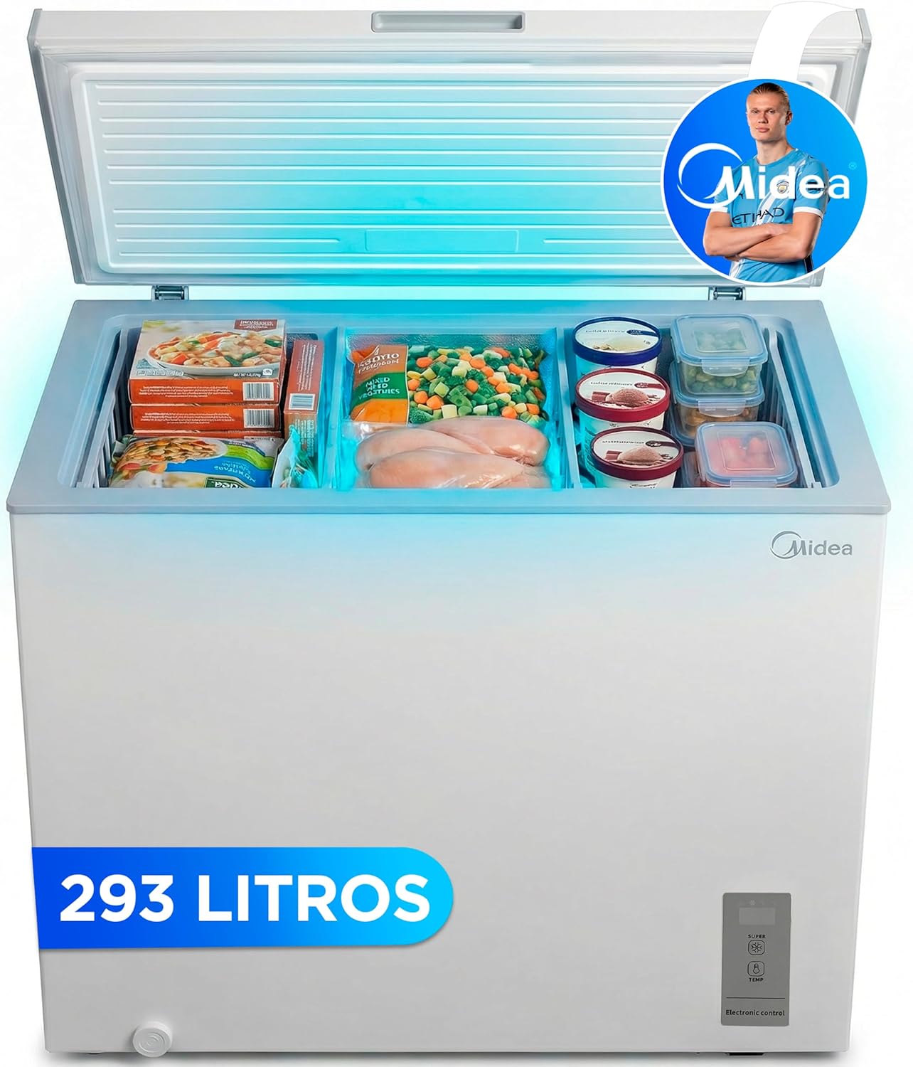 MIDEA Arcon Congelador Pequeño de 293L | Congelador Horizontal Convertible a Frigorífico con Motor Inverter, Control Electrónico de Temperatura, Cestas con Asa | Arcón Silencioso 41 db Bajo Consumo