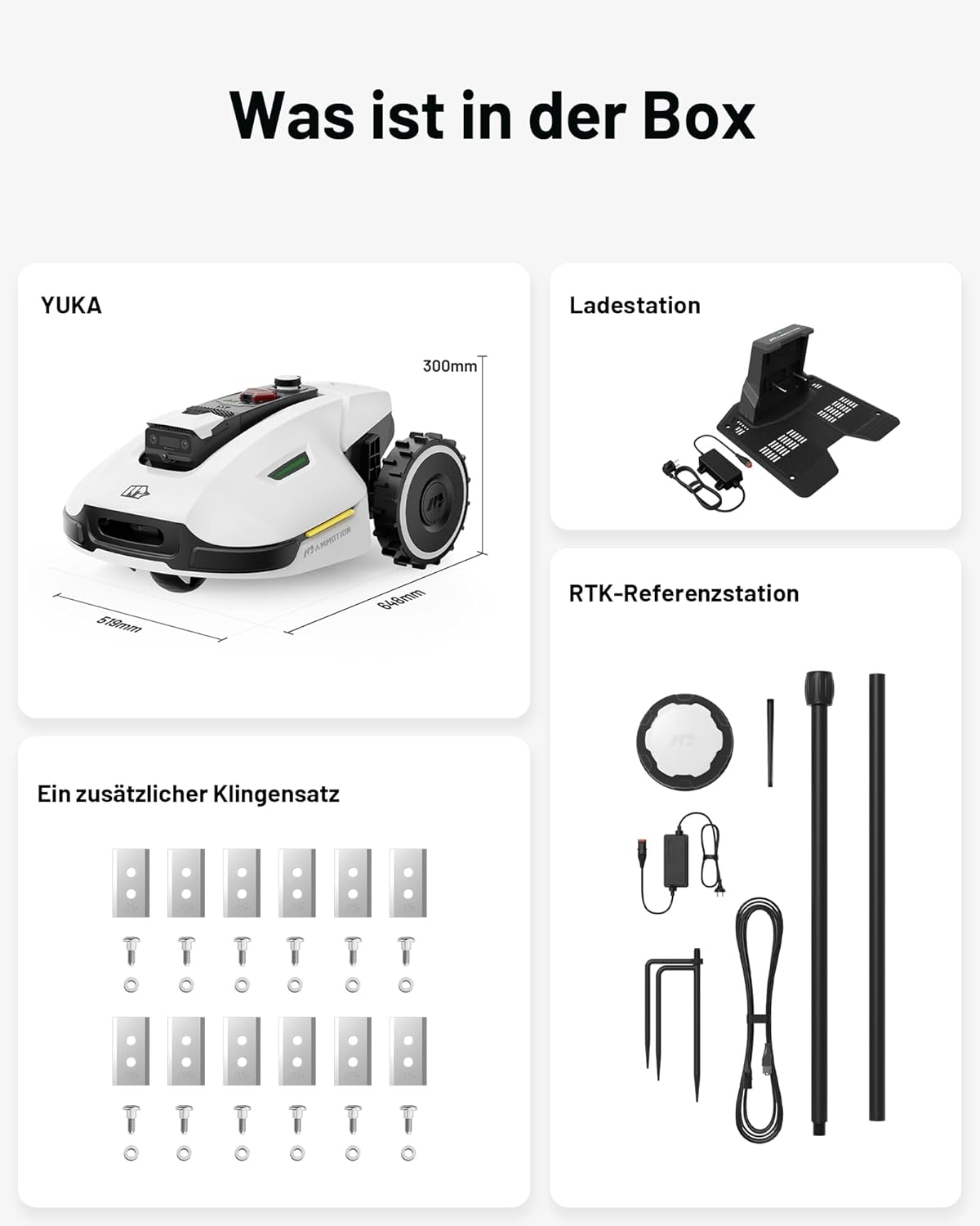 MAMMOTION YUKA Mini 700 Mähroboter ohne Begrenzungskabel, NetRTK+Vision, Keine RTK-Antenne erforderlich, Auto-Kartierung, Empf. 700m², Max. 1100m², mit 4G-Modul, 50% Steigung