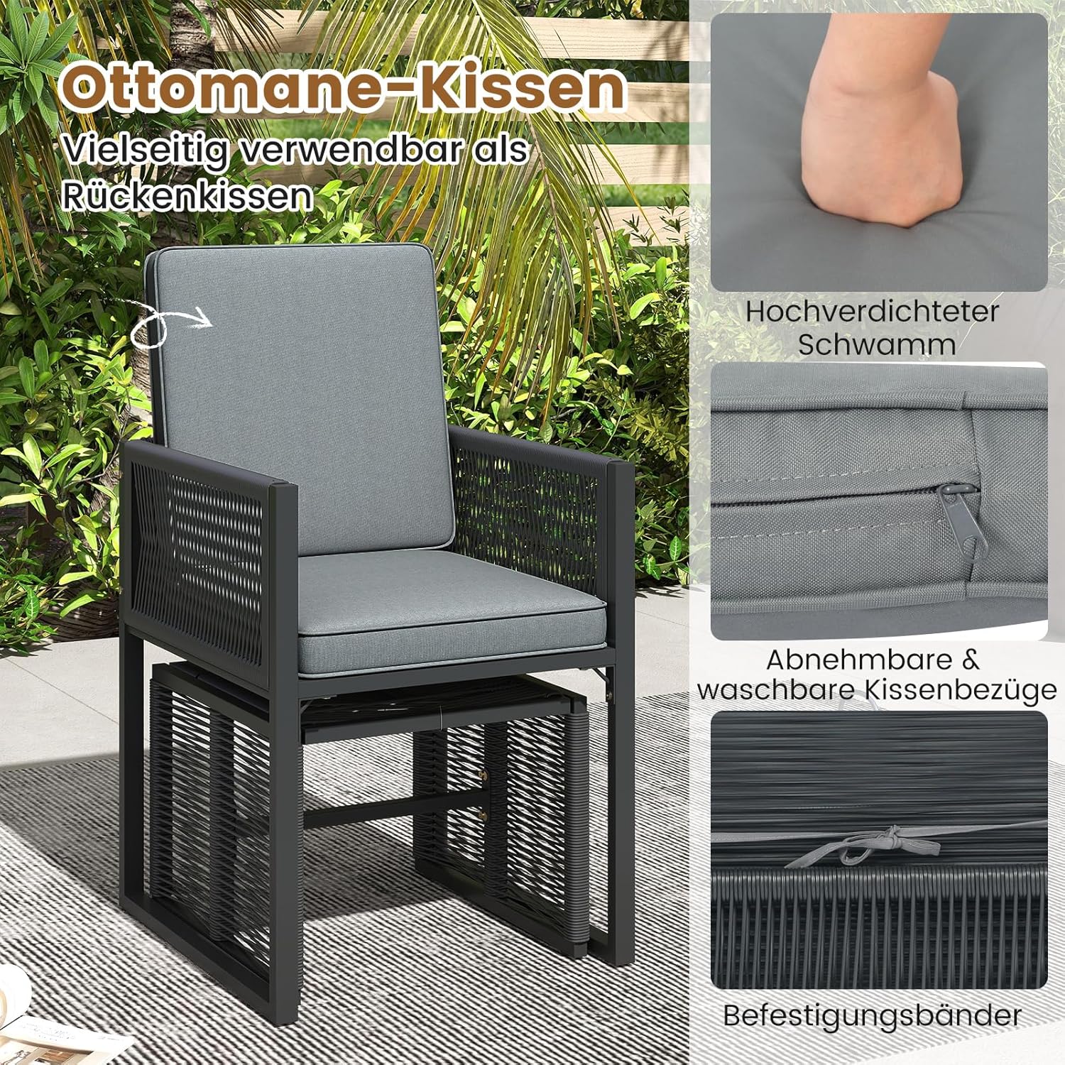 COSTWAY 5tlg. Rattan Gartenmöbel Set, Balkonmöbel, Balkonset inkl. 2 Stühle mit Kissen, Hocker & Tisch, Terrassenmöbel, platzsparendes Gartenset mit klappbarer Rückenlehne, Sitzgruppe für Garten