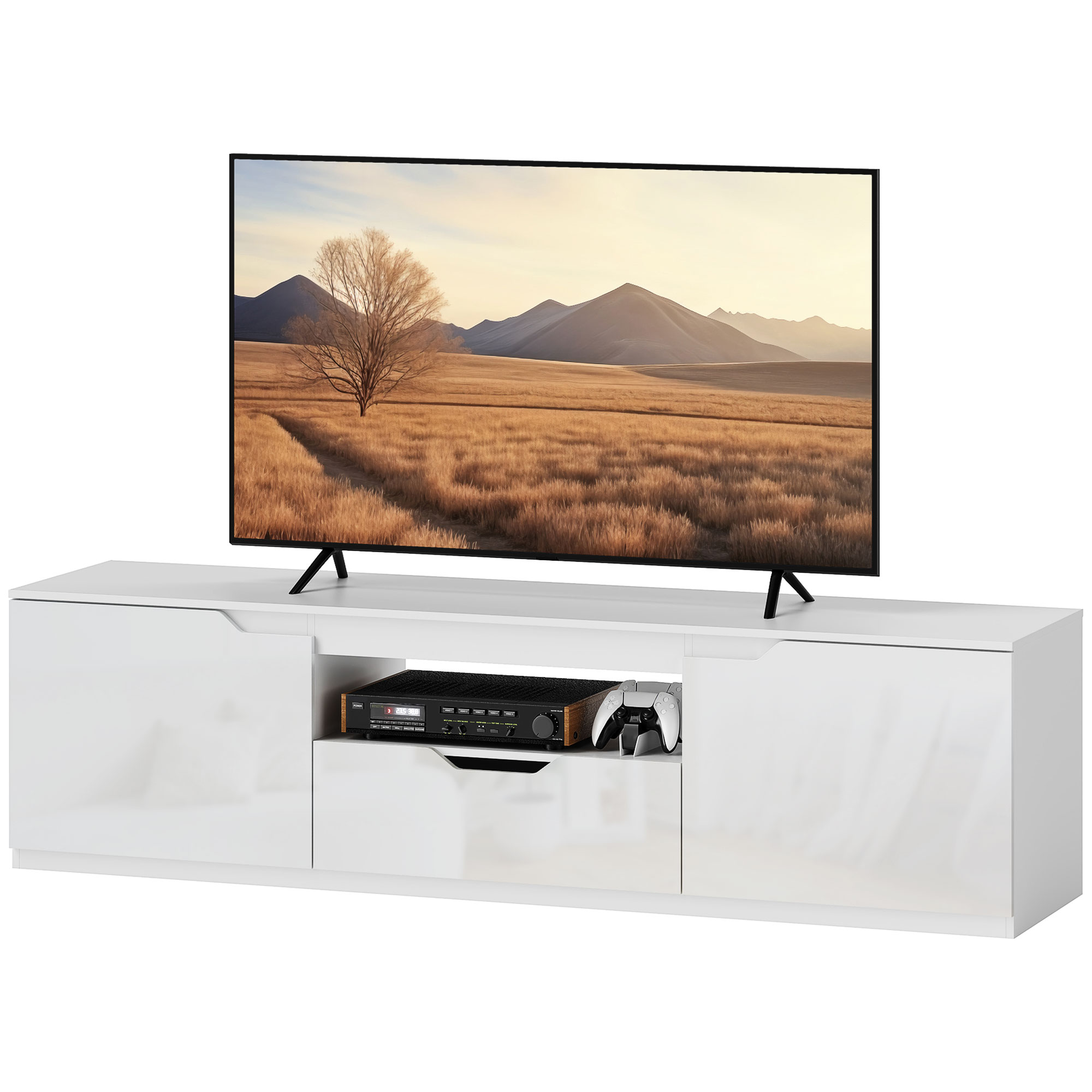 Tv-meubel in Hoogglans, voor tv's tot 65'', 3 compartimenten, lade, 160 x 38 x 43 cm, Wit