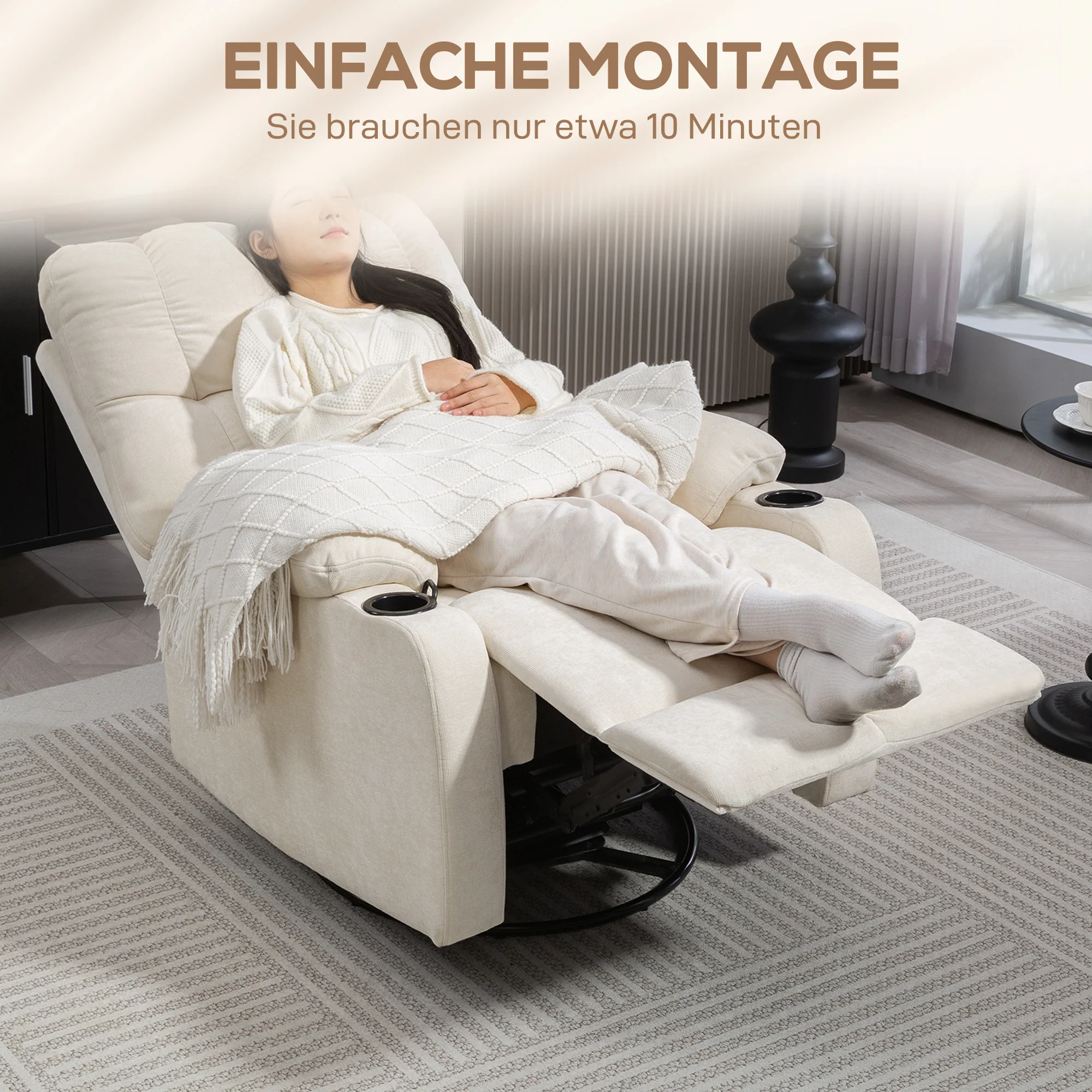 HOMCOM Relaxstoel met Voetensteun, Ligstoel, Draaibaar tot 150 kg, Stalen Frame, 88x96x108cm, Beige