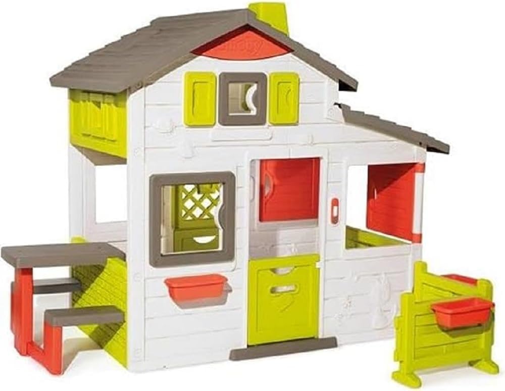 Smoby Life – domek zabaw Friends House EVO z 2 drzwiami, 6 oknami i wyjmowanym stołem piknikowym – wykonany z materiałów pochodzących z recyklingu, z ochroną UV, dla dzieci w wieku od 3 lat (7600810208)