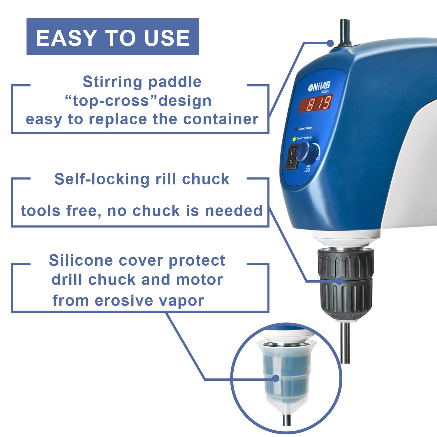 ONiLAB Elektrischer Overhead Rührer, LED Digital Overhead Rührer Mixer mit Rührstab, 20L,10000 mPas, 50~2200RPM, Aluminiumlegierung (Stand enthalten)