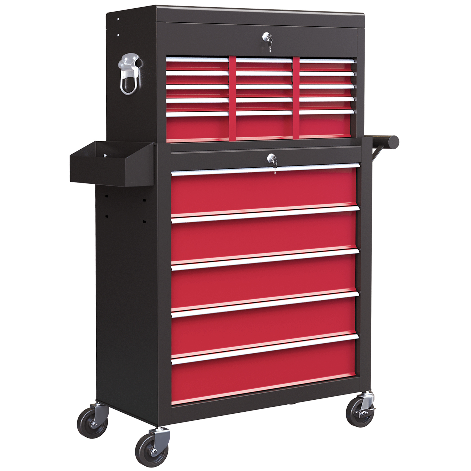 Gereedschapswagen, Tweedelig, Afsluitbaar, 14 Laden, Zijwand met Gaten, Staal, Rood