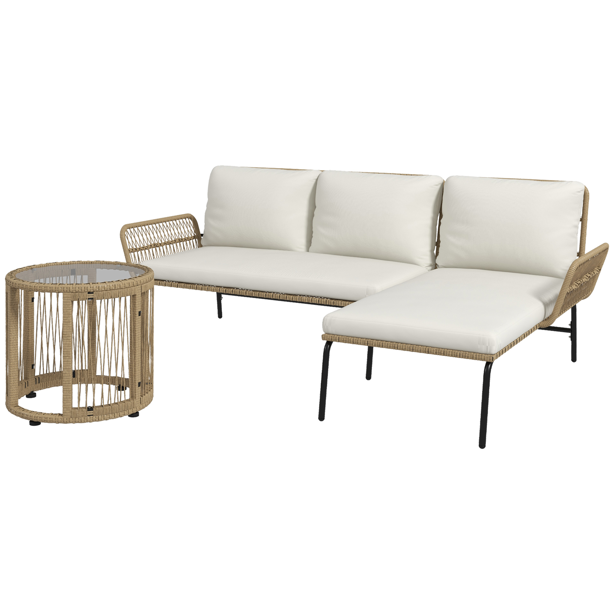 Loungeset voor in de tuin, PE rattan, 122 x 79 x 75 cm, Natuur + Cr��mewit