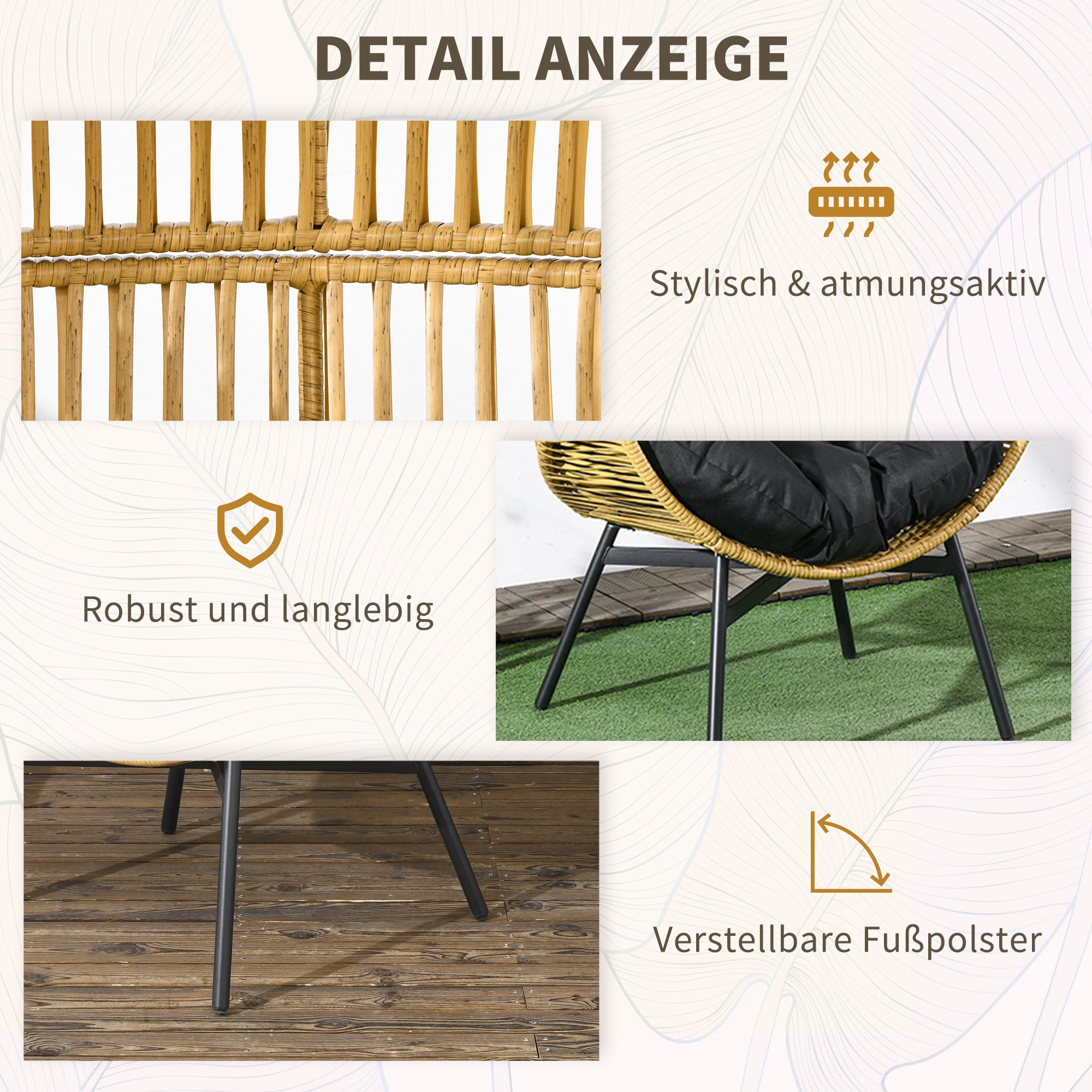 Rotan Stoel Buitenshuis Tuinstoel, PE-Rotan, 89 cm x 75 cm x 143 cm, Natuur + Zwart