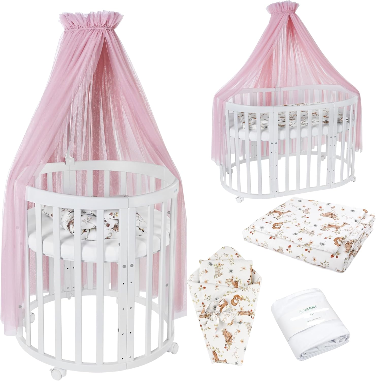 Waldin Oval Baby-Bett Mitwachsend Komplett Set 7in1, Gitterbett, Kinderbett mit Matratze, Wickelkommode, Beistellbett, Holz Weiß