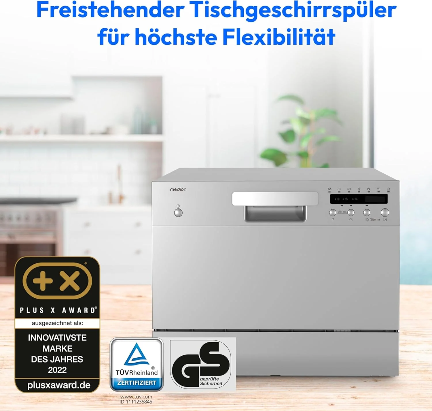 MEDION Tischgeschirrsp��ler DWT60 (6 Gedecke Fassungsverm?gen, 7 Programme, ECO Programm, ca. 6,5 Liter Verbrauch, AquaStop, LED Display, Kindersicherung, MD37496) silber