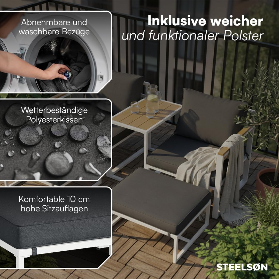 STEELSØN Gartenmöbel Set 5-TLG Asteri, Gartenlounge für 2-4 Personen, Balkonmöbel Set wetterfest inkl. 2 Sessel, 2 Hocker und 1 Tisch, Terrassenmöbel aus Metall mit Kissen Weiß