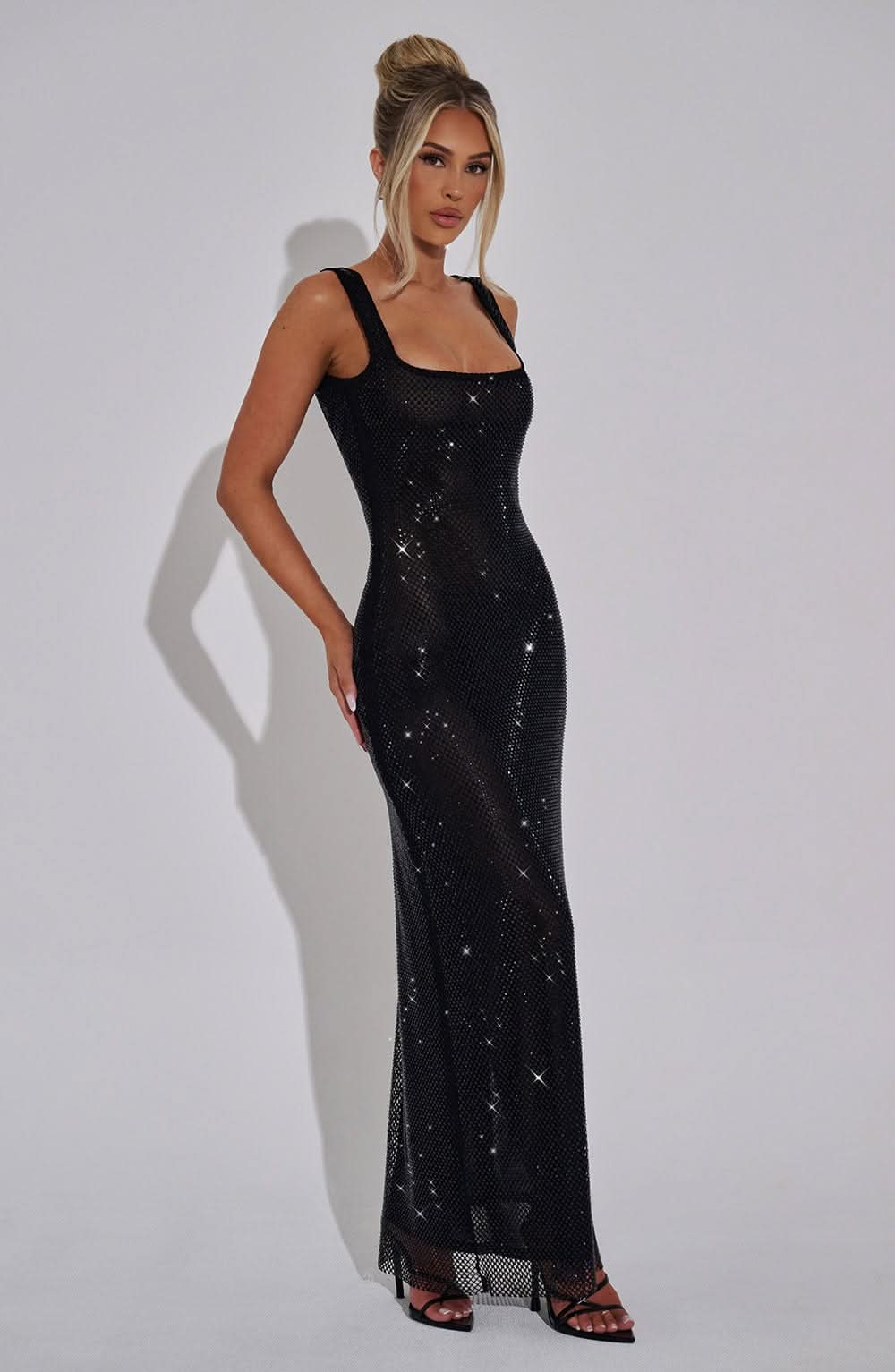 Damen Maxi-Abschlussballkleid mit Strass und eckigem Ausschnitt