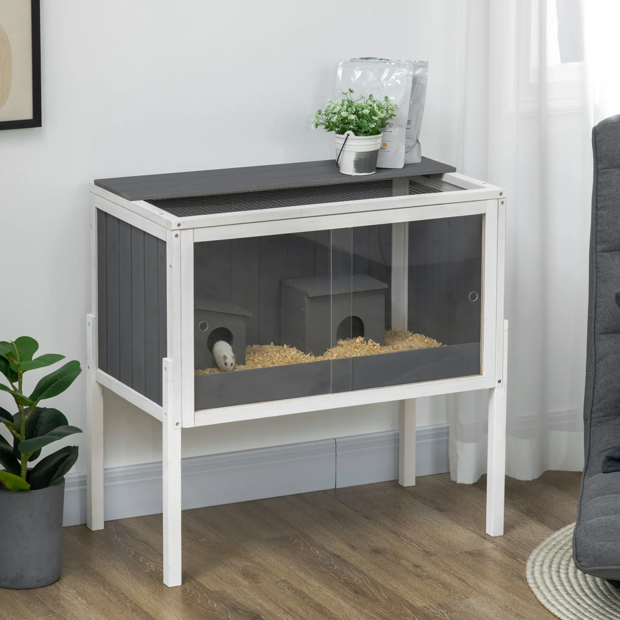 PawHut Dwerghamsterkooi met plank en plexiglas schuifdeuren Hout