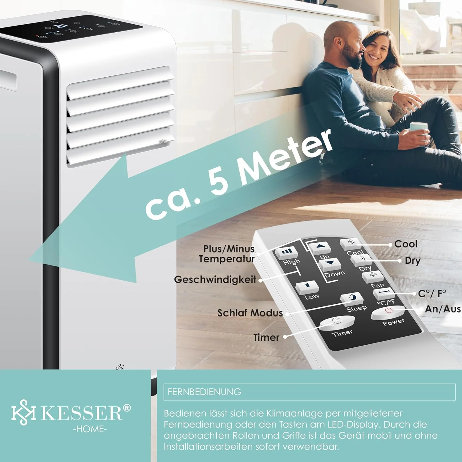 KESSER? Mobiele airco 4-in-1 koelen | Luchtontvochtiger ventileren | Ventilator 9000 BTU/u 1005W | Mobiele airconditioning met montagemateriaal, afstandsbediening & timer | Nachtmodus & 360�� wielen