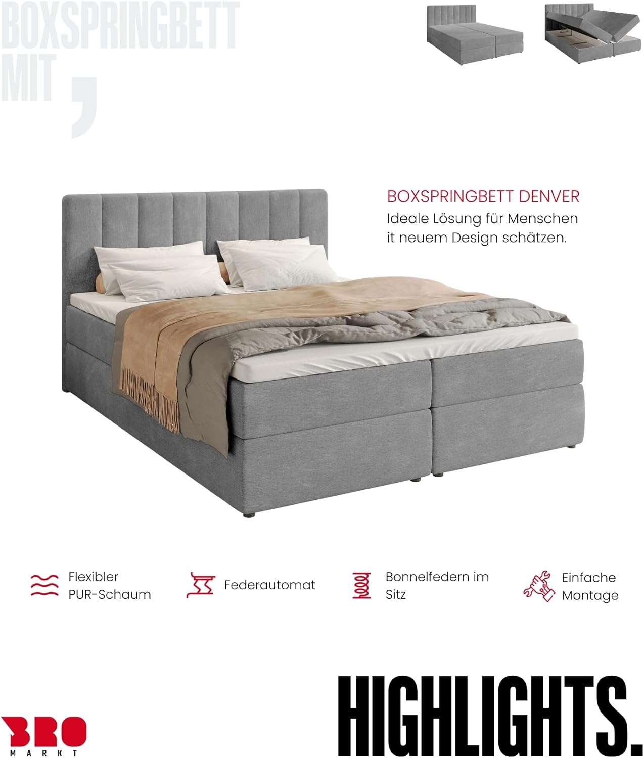 BROMARKT Boxspringbett mit Bonell Matratze Härtegrad H3 140x200cm Polsterbett mit Bettkasten Doppelbett mit Topper gepolsterte Kopfstütze Bett für Schlafzimmer Denver Hellgrau