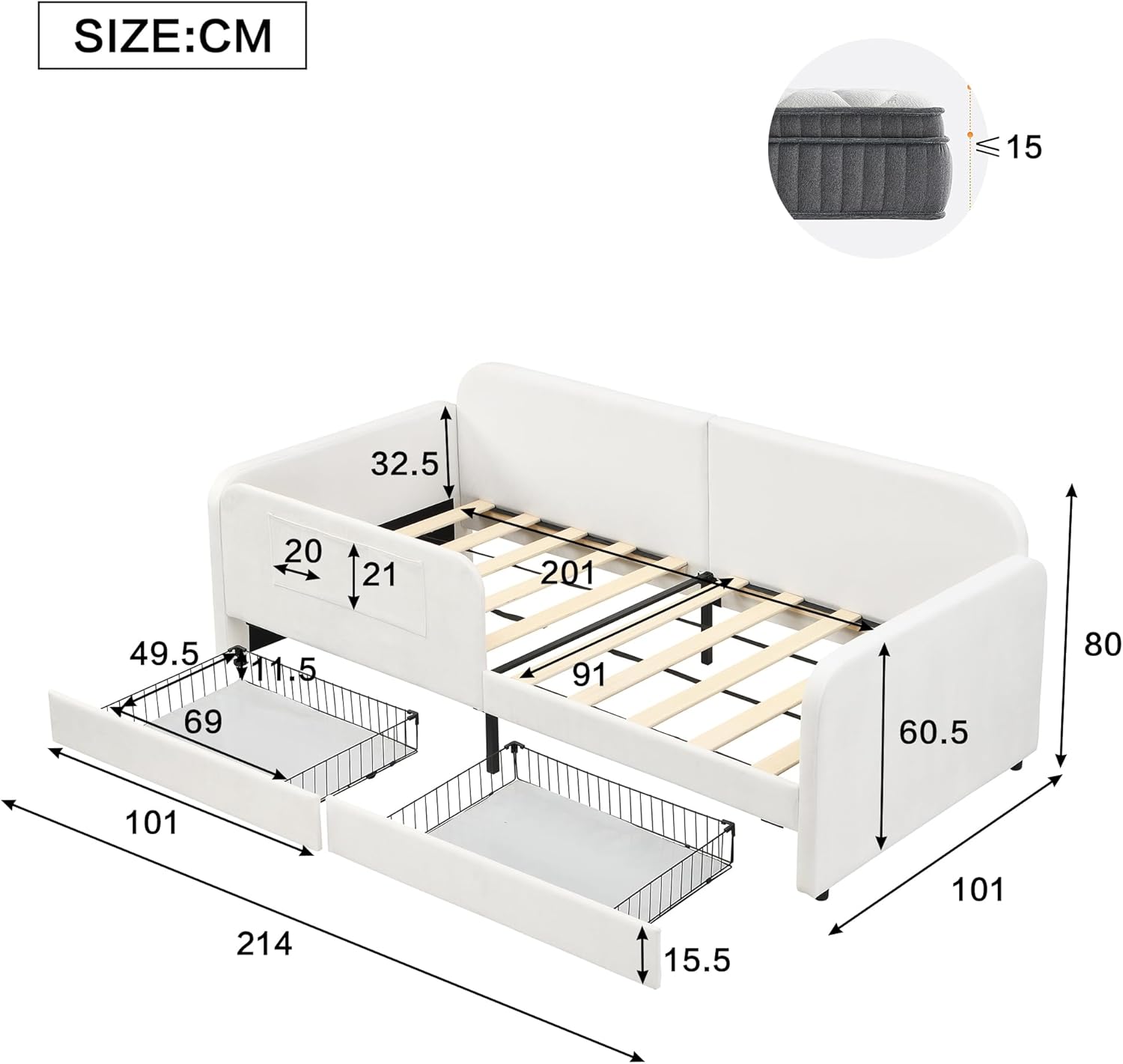 ANIROY Kinder-Spleißbett 90x200cm, Polsterbett, Schlafsofa Daybett Tagesbett Einzelbett mit Metallbettgestell & 3 Aufbewahrungstaschen & 2 Schubladen auf Rollen, Samt, Weiß