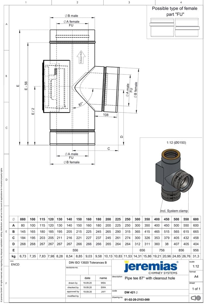 Jeremias DW-FU T-Anschluss 250 mm 87 Grad Edelstahl doppelwandig Abgassystem mit Revision gleiche Höhe bis 600 Grad N1