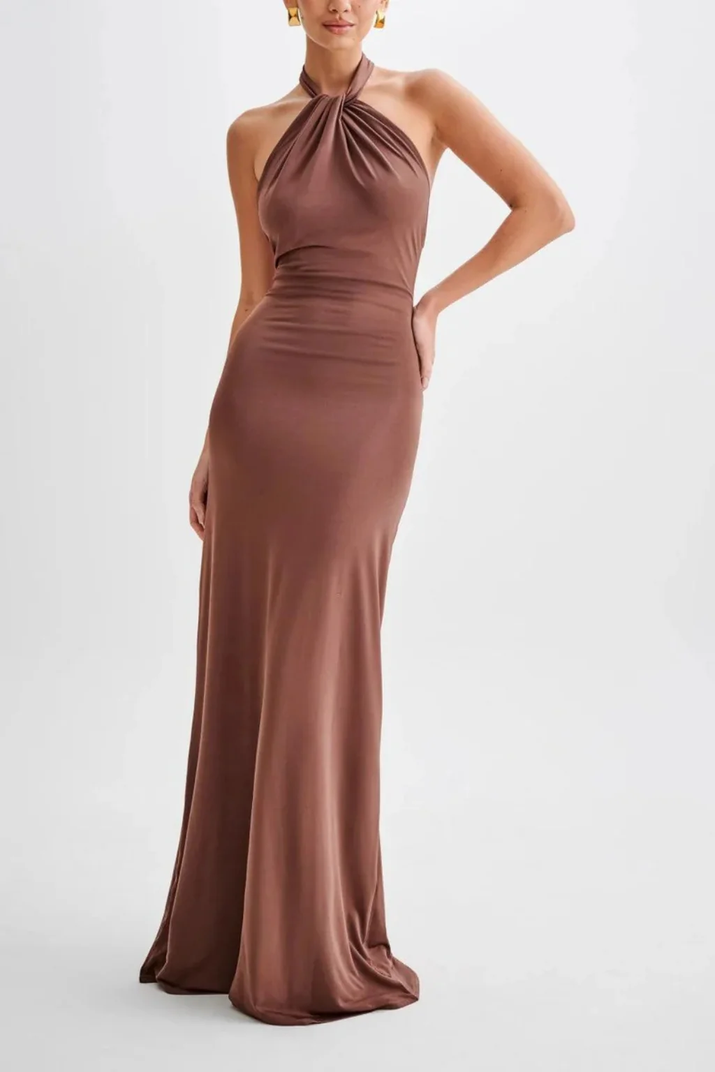 Neckholder Maxi-Kleid f��r Damen | R��ckenfreies Abendkleid mit Raffungen | Elegantes Kleid f��r Hochzeitsg?ste Figurbetont