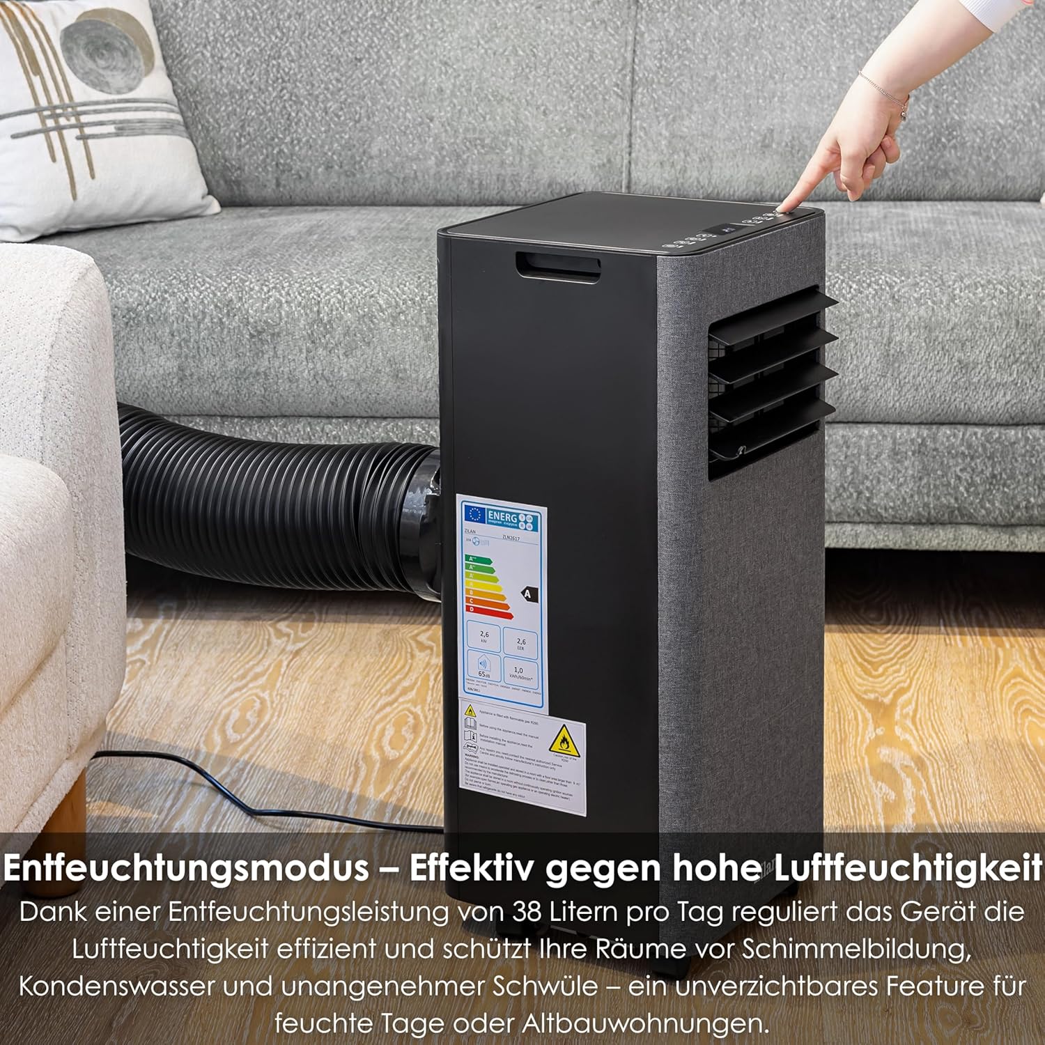 Zilan Mobile Klimaanlage 9000 BTU mit WLAN & Abluftschlauch, 3-in-1 Mobiles Klimagerät – Kühlen, Entfeuchten & Ventilator, leise, inkl. Fensterabdichtung & Fernbedienung, Timer, Wifi App-Steuerung
