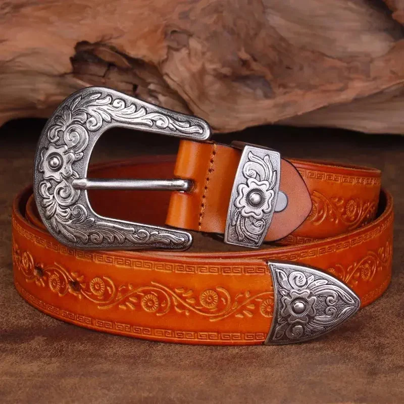 Lederg��rtel Herren im Western-Stil aus Vollleder mit verzierter Schnalle - Robuster Cowboy G��rtel f��r Jeans und Freizeit