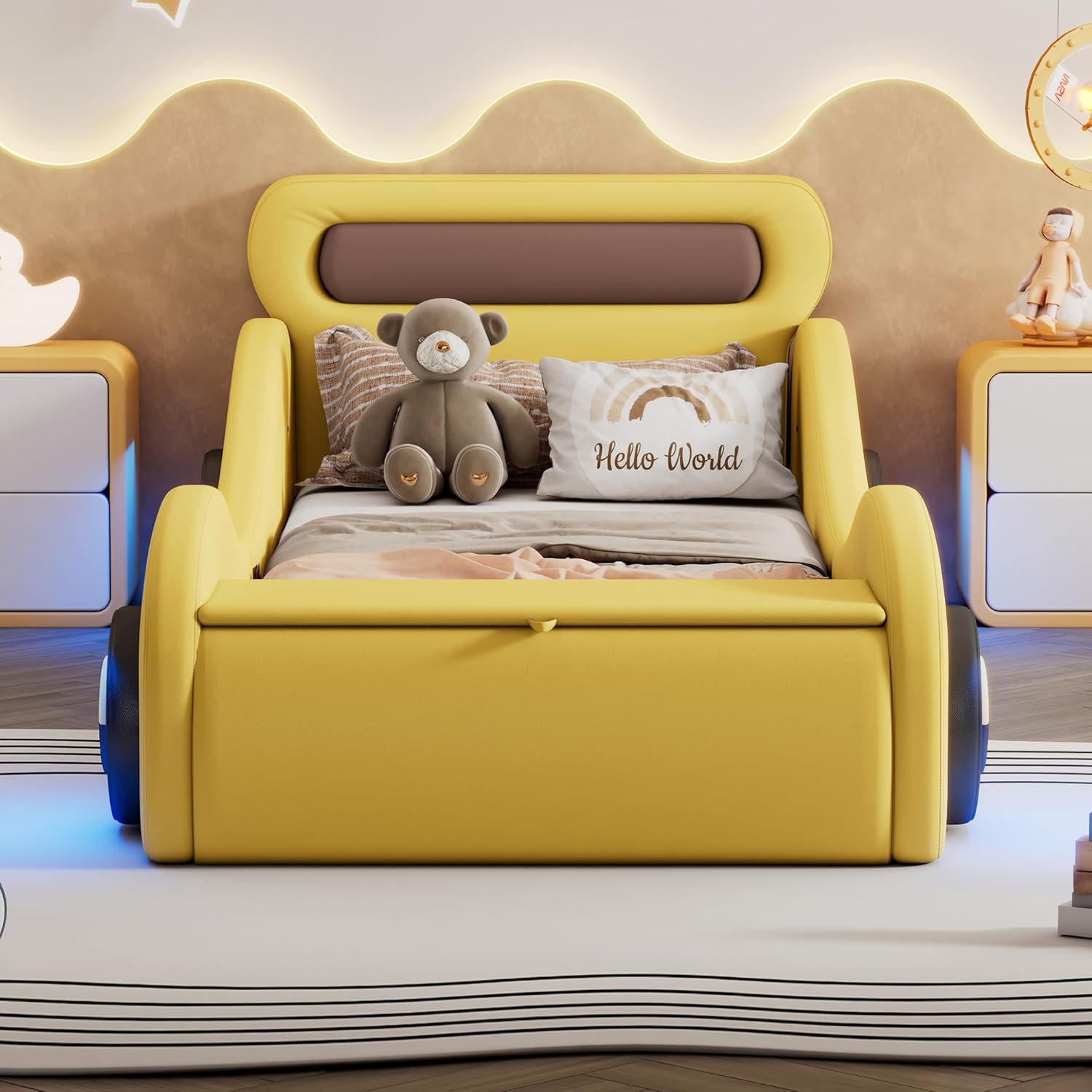 Autobett Kinderbett Jugendbett 90x200, Polsterbett Einzelbett mit leuchtenden Rädern&Stauraum, Aufregendes Auto Kinderbett für kleine Rennfahrer, Kinder Spielbett mit Lattenrost, PU,Ohne Matratze,Gelb