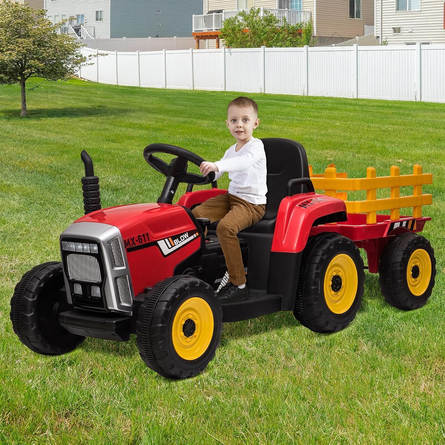 HAUSPROFI 12V 3-Gang Kinder Elektroauto mit Anhänger, Elektro Traktor 2 Fahrmodi, 2,4G-Fernbedienung, Kinder Traktor LED-Licht, Bluetooth, Musik, USB, Elektrischer Traktor für kinder ab 3 Jahren, Grün