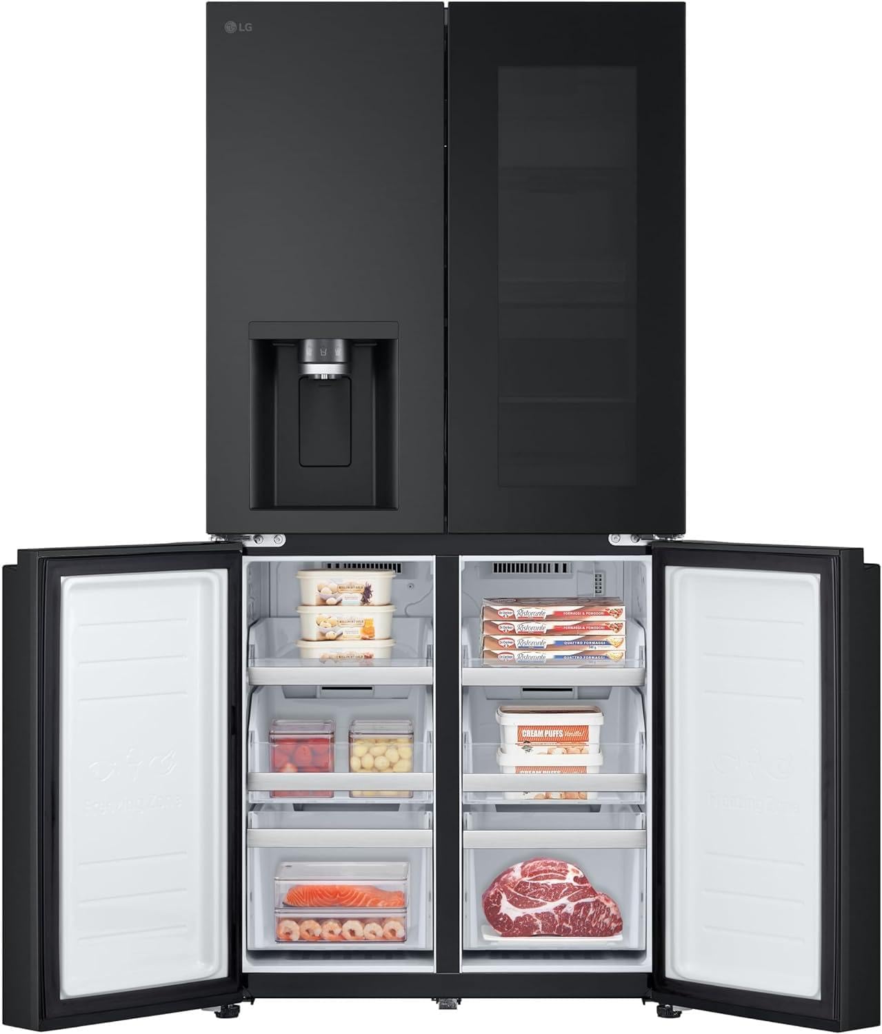 LG GMG861EPAE InstaView SLIM Multi-Door, Klasse E, 508 L, Kühlschrank mit Gefrierfach, Eis-, Crushed Ice- Wasserspender mit UVnano, Total NoFrost, Smart Inverter Kompressor, Wi-Fi, Farbe Matte Black