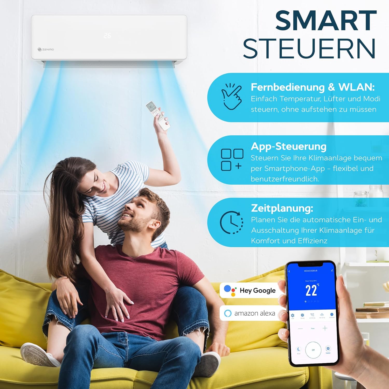 Klimanlage Split Klimagerät Set mit Heizfunktion - 18000 BTU 5,2kW - A++ WiFi/App-Steuerung 4D AirFlow Auto Reinigung inkl. Montagematerial Vorgefüllt R32 Air Conditioner