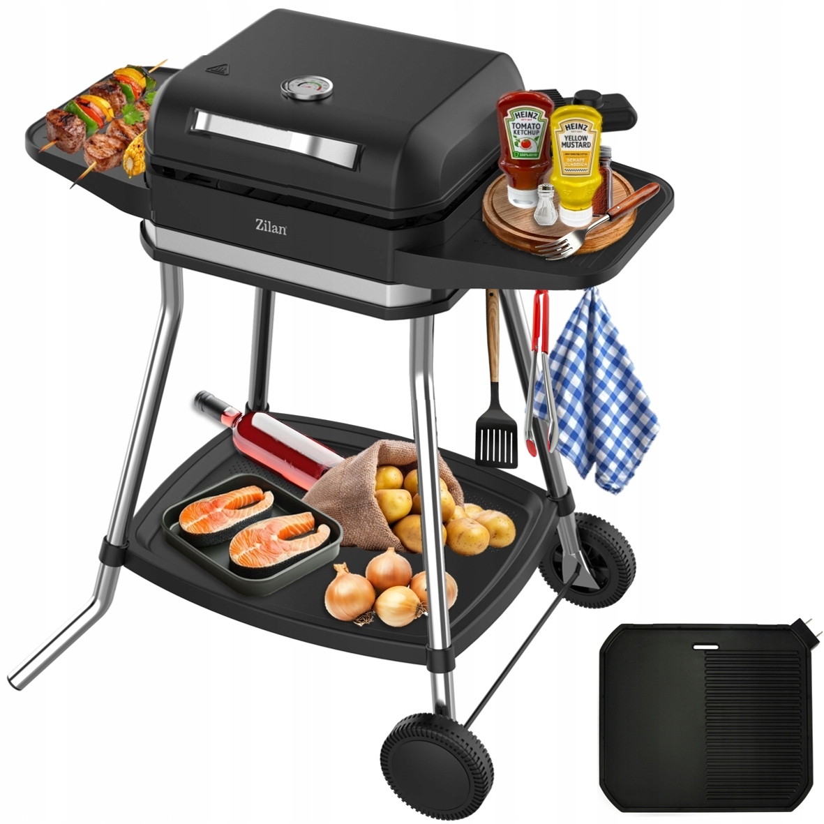 GRILL ELEKTRYCZNY OGRODOWY MEGA 6w1 Stojący 3050W +Pokrywa +TERMOMETR