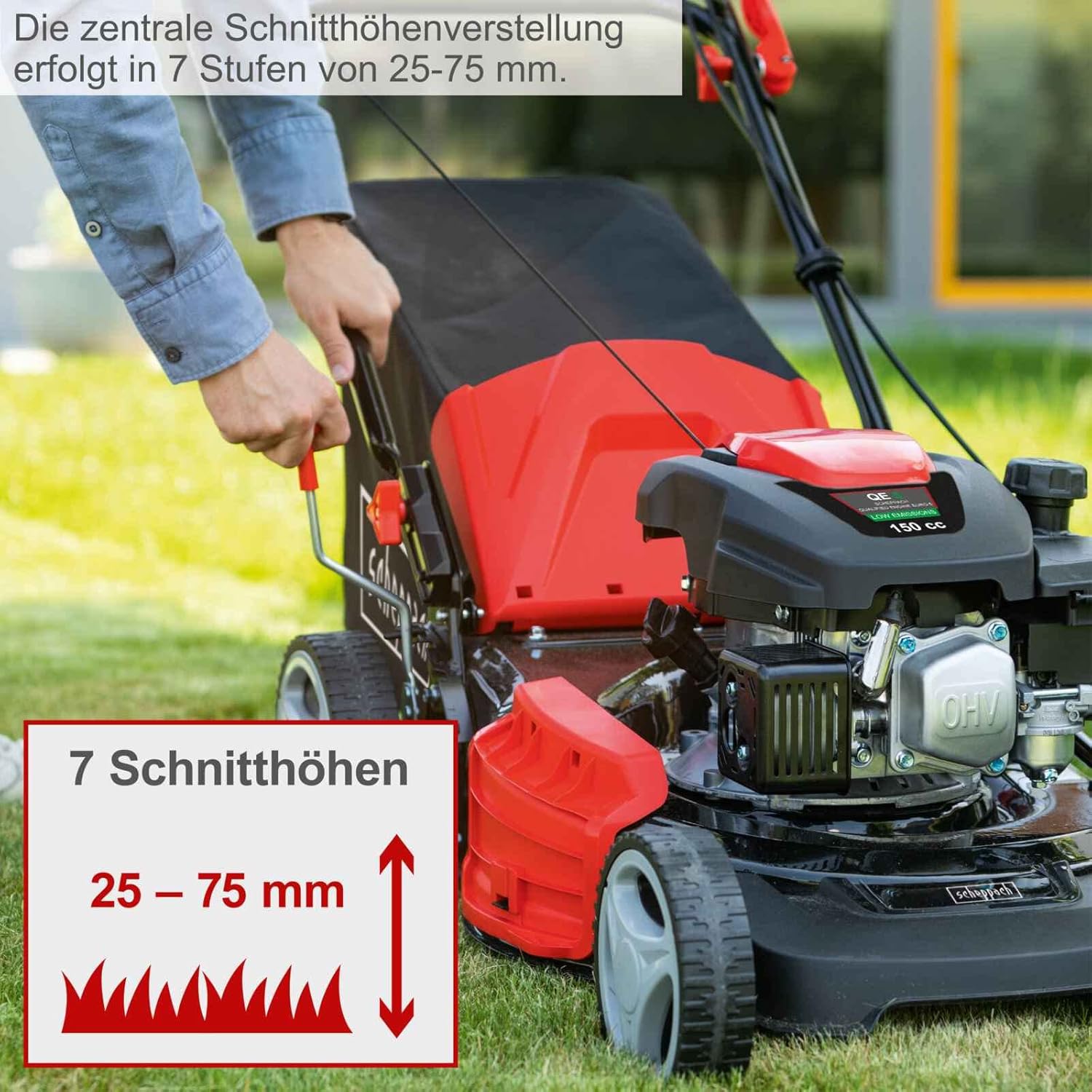Scheppach MS161-46 Benzin Rasenmäher - 46 cm Schnittbreite | 55 Liter Fangkorb | Stahlgehäuse | 7-stufige Höhenverstellung | Mulchfunktion | Radantrieb | Seitenauswurf | inkl. Motoröl