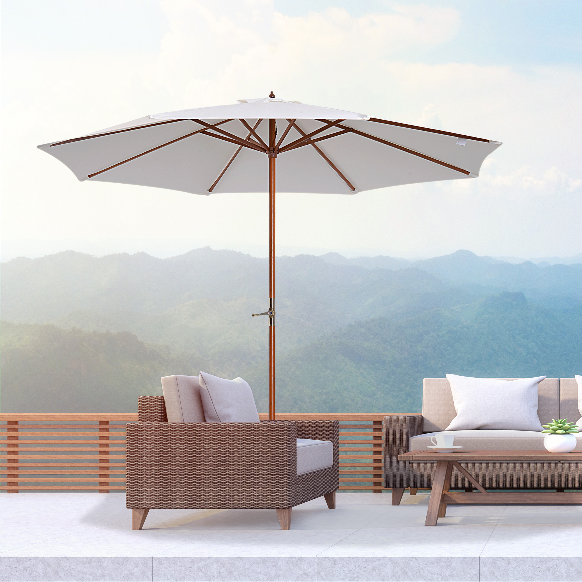 Zonnescherm tuinscherm houten parasol parasol met zwengel balkonparasol populierenhout �� 2,7 m