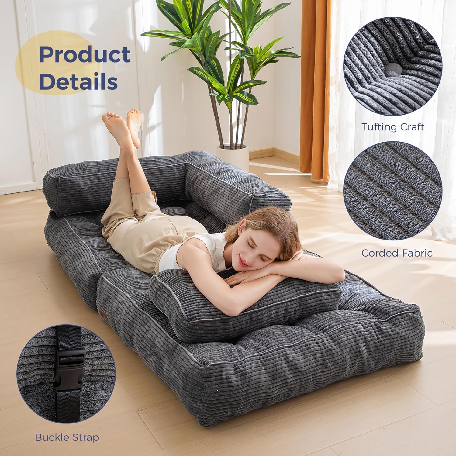 Folding Sofa Bed L-Shaped Convertible Sofa Bed with Armrests and Pillows
