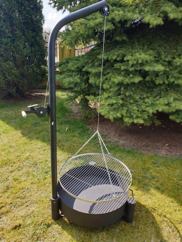 Grill ogrodowy żuraw na wysięgniku ruszt nierdzewny palenisko trójnóg