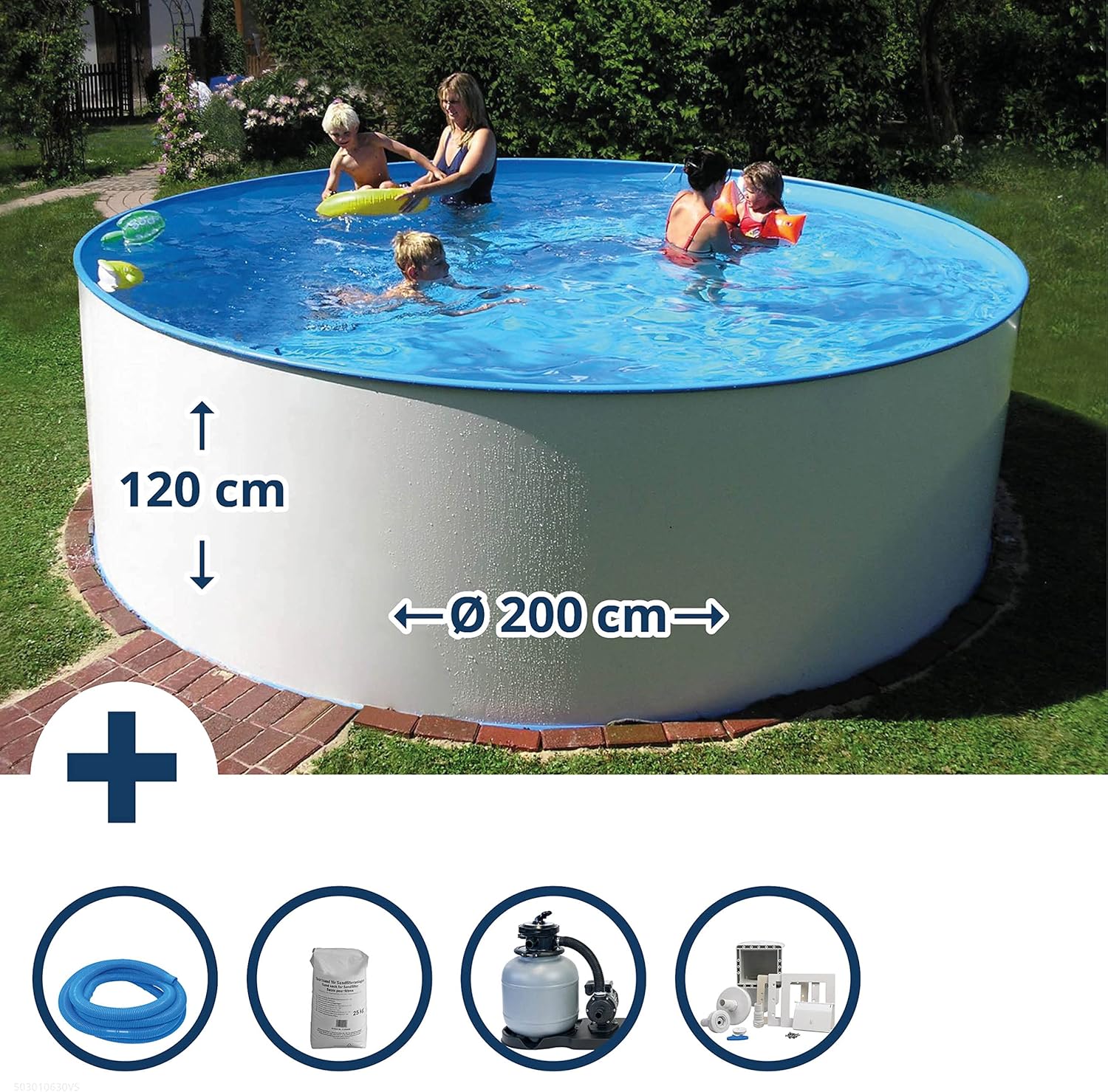 Planet Pool Stahlwandpool Set rund Bologna 200x120 cm, Stahl 0,6 mm weiß, Folie 0,6 mm blau, Einhängebiese