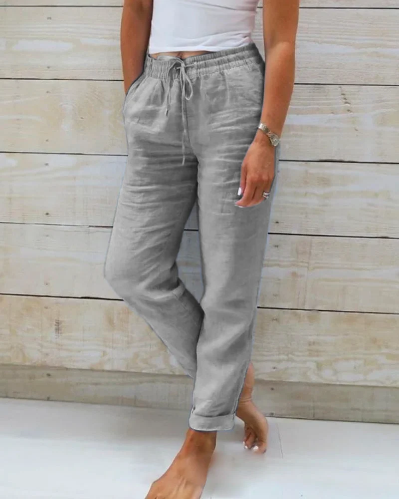 Damen Leinen-Baumwollhose mit elastischem Bund und Kordelzug