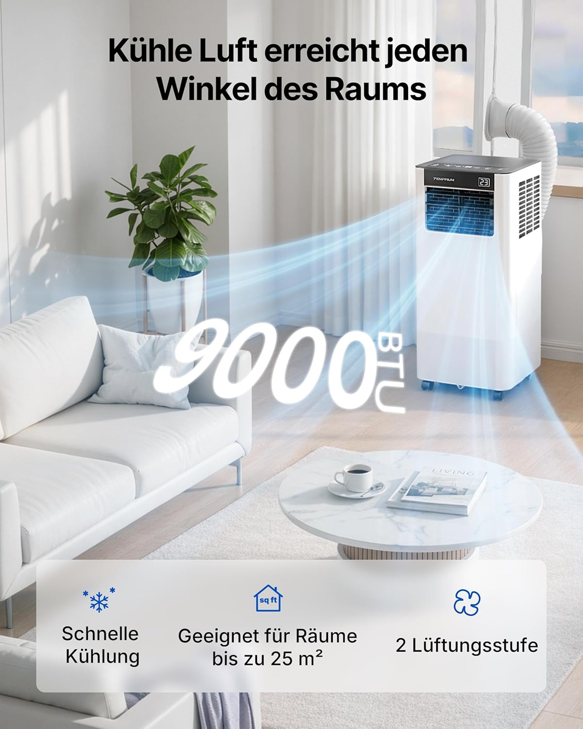Mobile Klimaanlage 9000BTU 2,6Kw mit Abluftschlauch | 3-in-1 Mobiles Klimagerät | Fensterabdichtung | APP-Steuerung + Fernbedienung | Leiser Betrieb