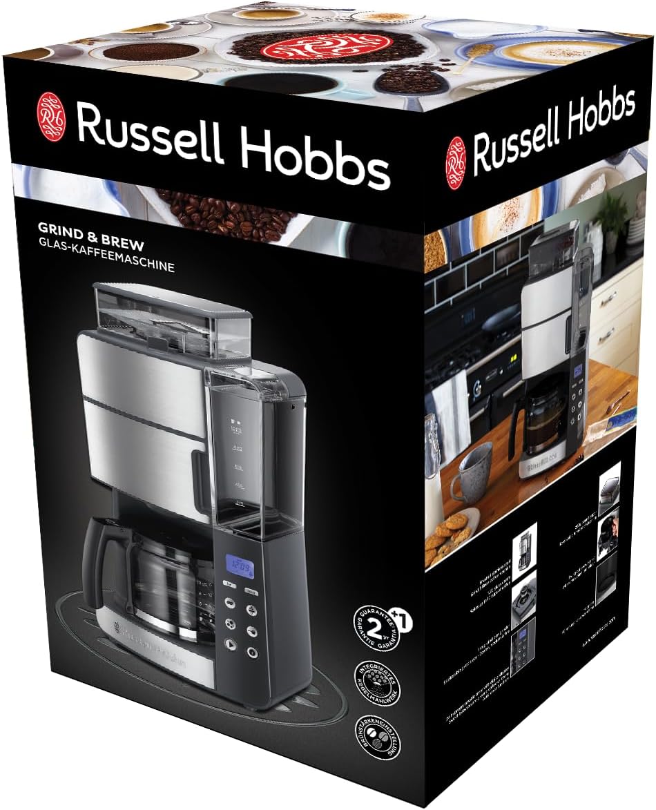 Russell Hobbs Kaffeemaschine mit Mahlwerk Glaskanne [Digitaler Timer, Brausekopf für opt. Extraktion & Aroma] Grind&Brew (1 bis 10 Tassen, 3-stufige Mahlgradeinstellung) Filterkaffeemaschine 25610-56