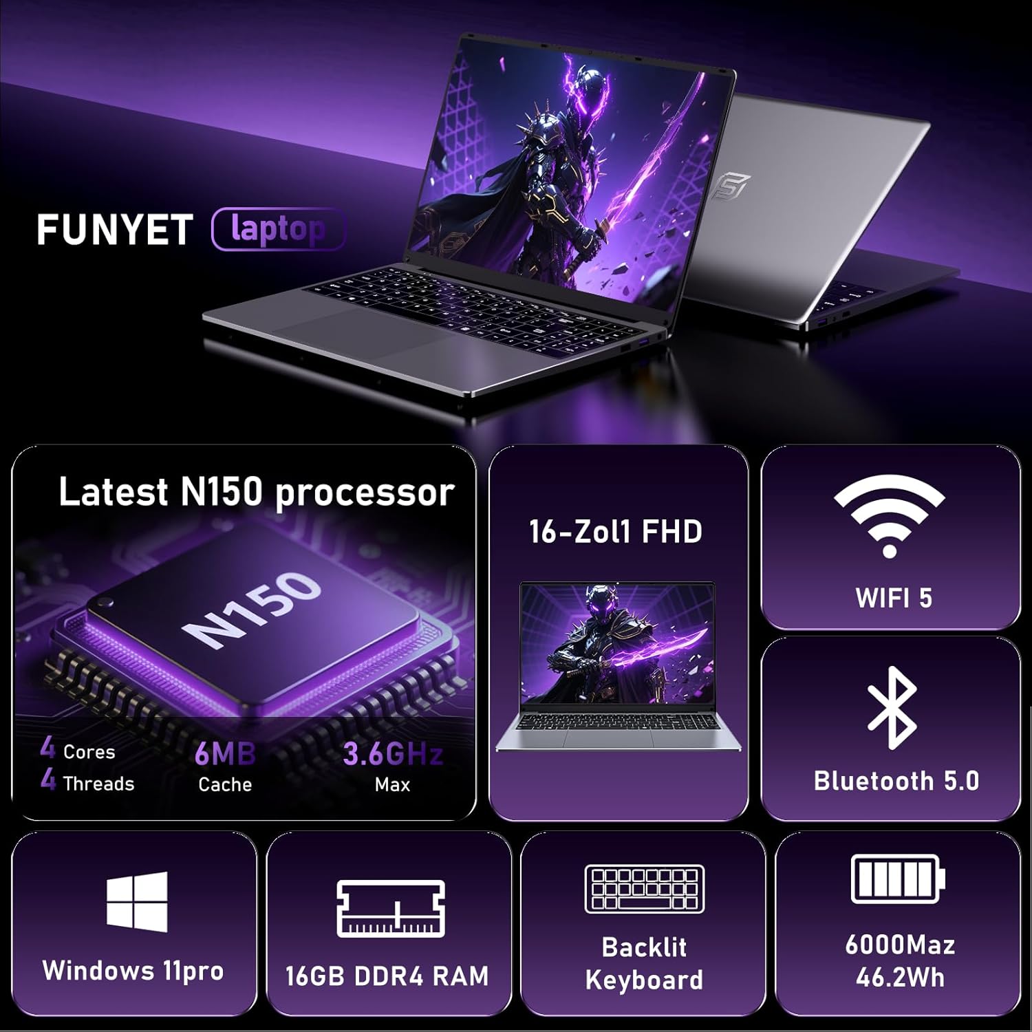 FUNYET Ordenador Portátil 16 Pulgadas, 16 GB de RAM, 1 TB de SSD, Win 11 Pro Laptop, 2026 PC Portátil Procesador N150 (hasta 3,6 GHz), 6000mAh, FHD 1920 * 1200 Notebook, Teclado Retroiluminado,USB3.0